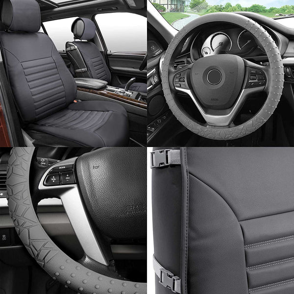FH Group FH-PU206102 Multifunctional Quilted Leather Seat Cushions Pair Set + FH3002 Silicone w. Nibs & Pattern Steering Wheel Cover, Tan Color- Fit Most Car, Truck, SUV, or Van