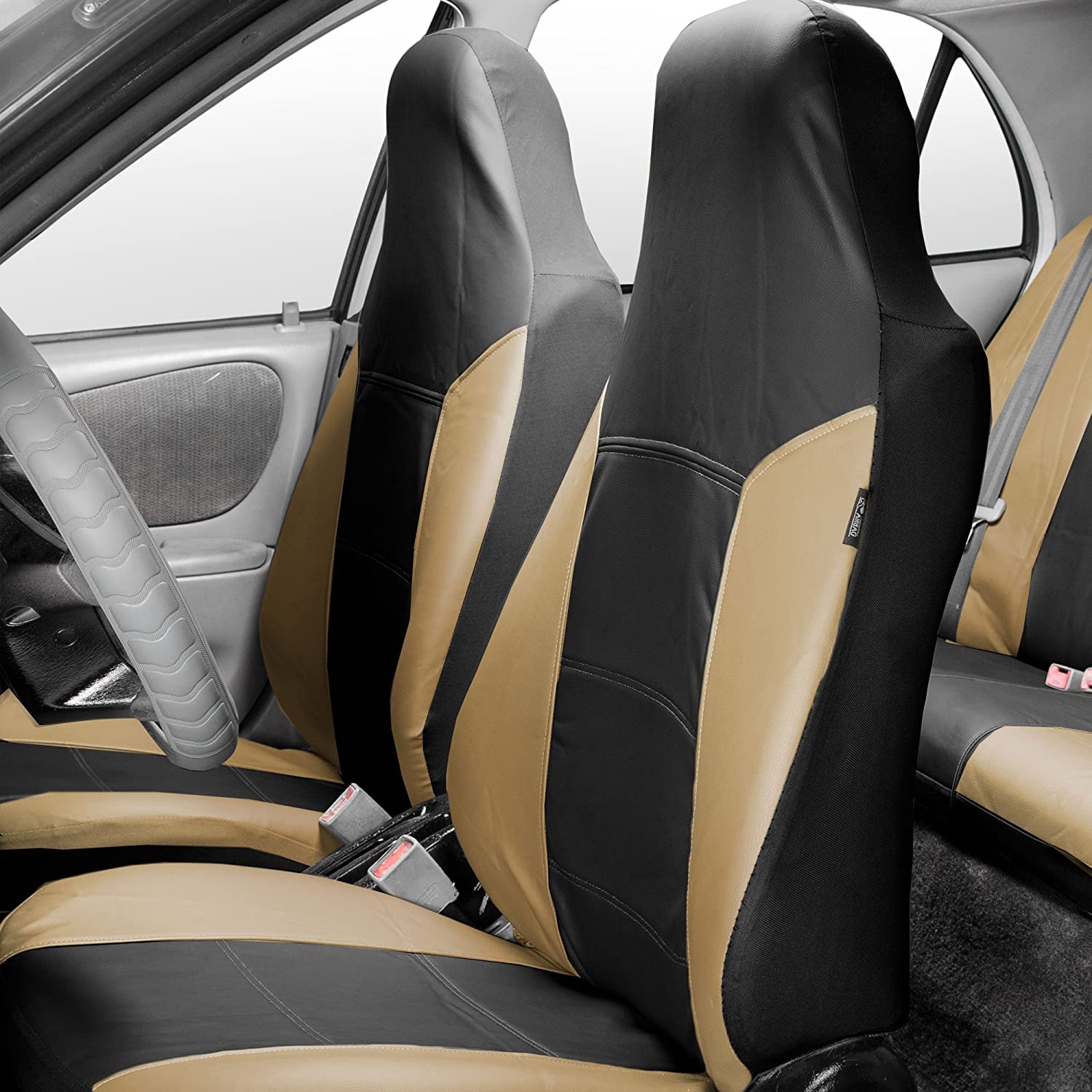 TLH Royal Leather Seat Covers Front Set, Airbag Compatible, Beige Black Color-Universal Fit for Cars, Auto, Trucks, SUV