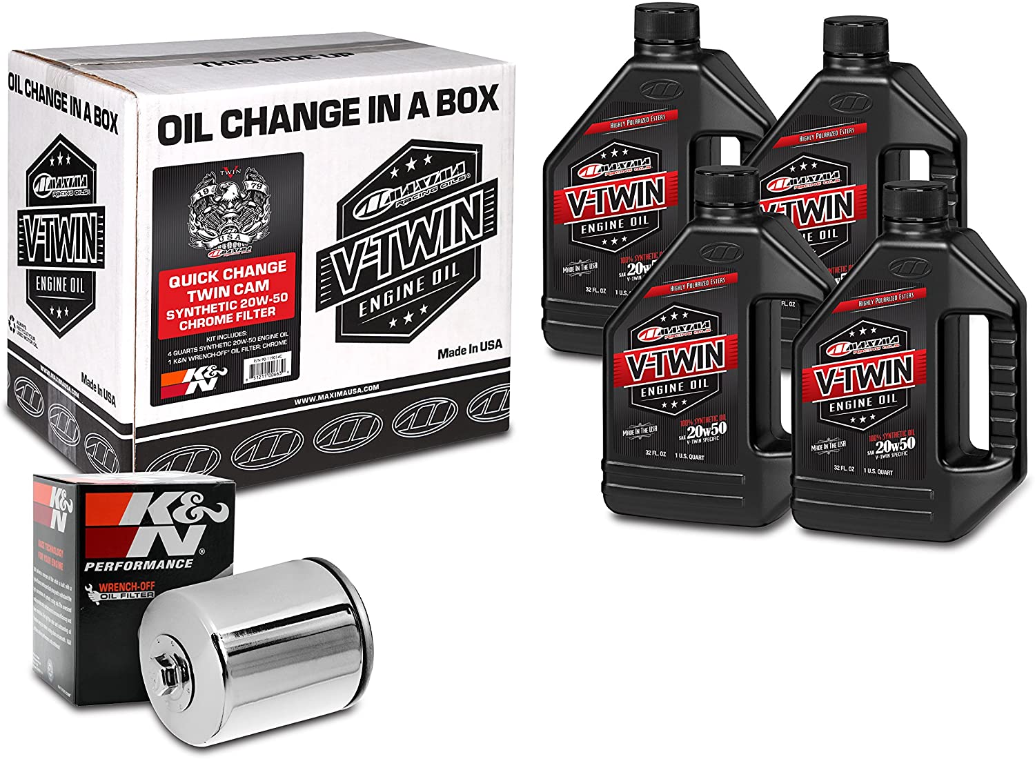 Maxima Racing Oils Chrome 90-119014C Quick Twin Cam Synthetic 20W-50 Filter Engine Oil Change Kit, 128. Fluid_Ounces