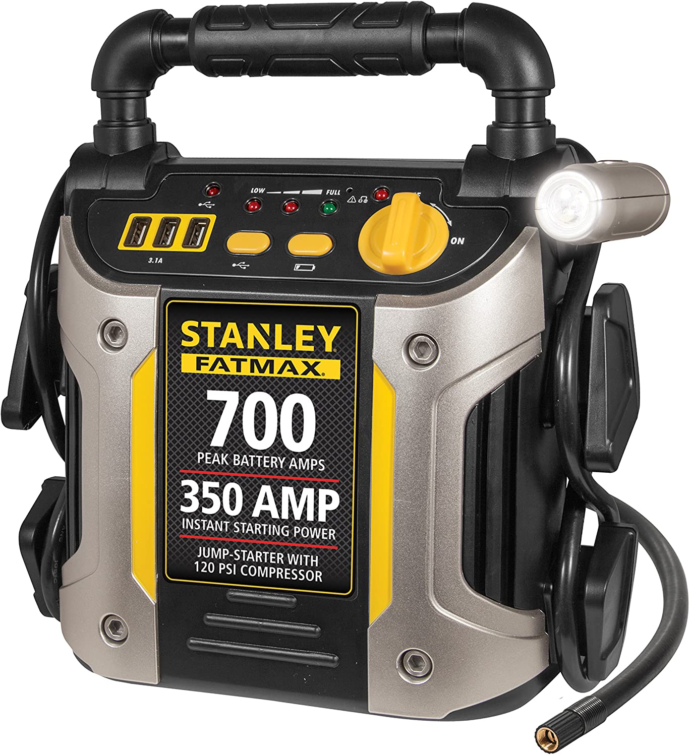 STANLEY FATMAX J7CS Portable Power Station Jump Starter: 700 Peak/350 Instant Amps, 120 PSI Air Compressor, 3.1A USB Ports, Battery Clamps