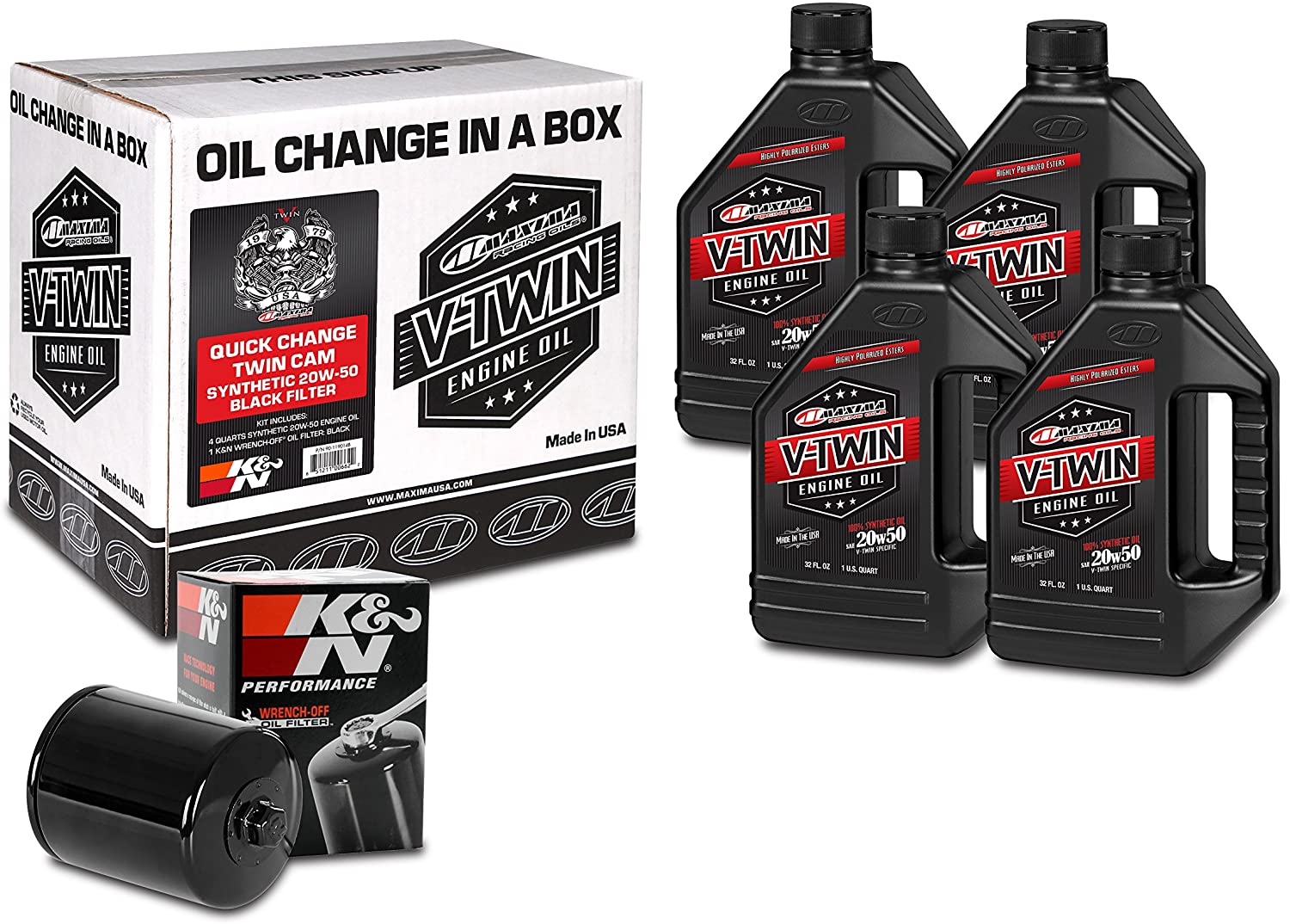 Maxima Racing Oils Black 90-119014B Quick Twin Cam Synthetic 20W-50 Filter Engine Oil Change Kit, 128. Fluid_Ounces