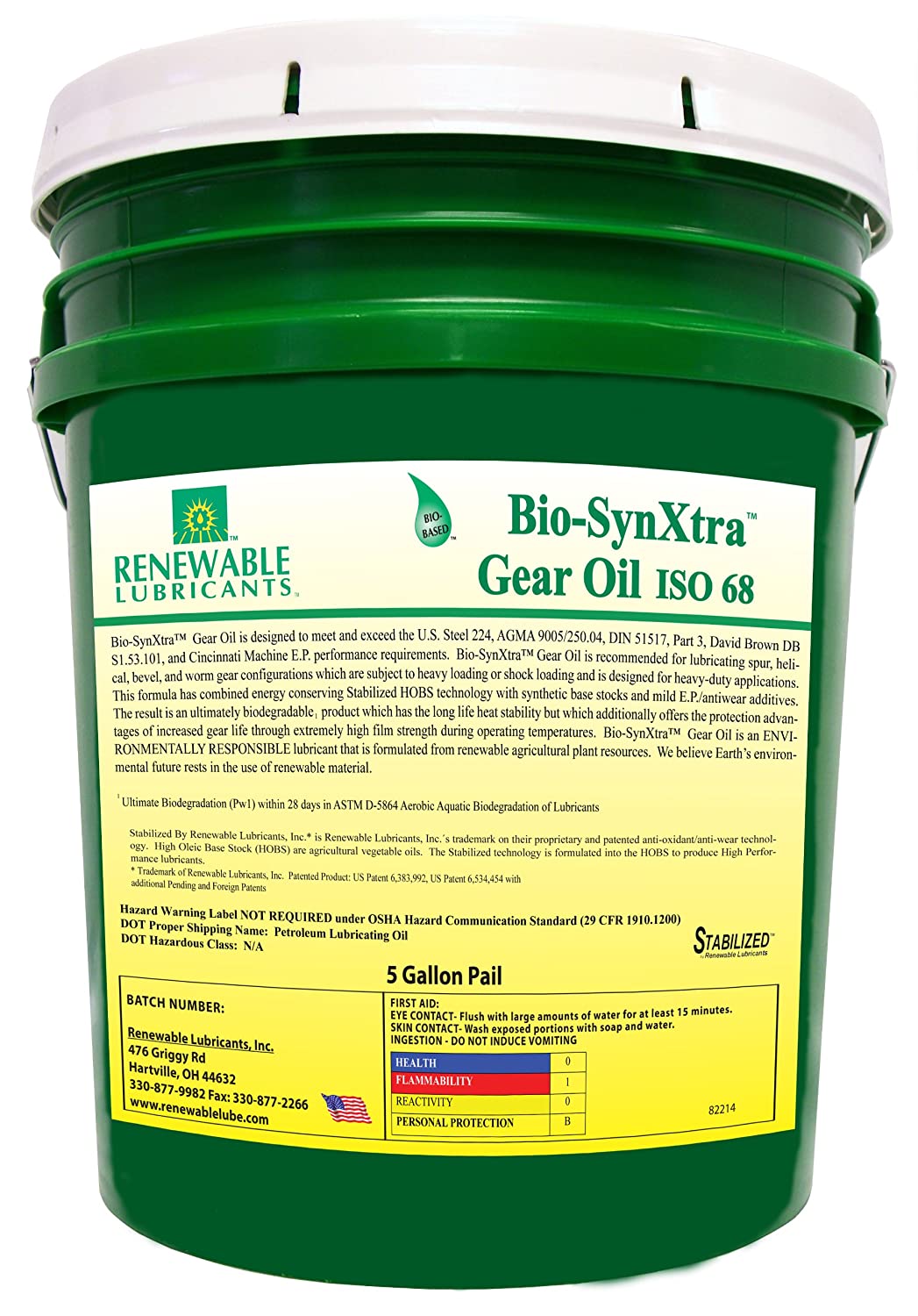 Renewable Lubricants Bio-SynXtra ISO 68 EP Gear Oil, 5 Gallon Pail