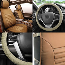 FH Group FH-PU206102 Multifunctional Quilted Leather Seat Cushions Pair Set + FH3002 Silicone w. Nibs & Pattern Steering Wheel Cover, Tan Color- Fit Most Car, Truck, SUV, or Van