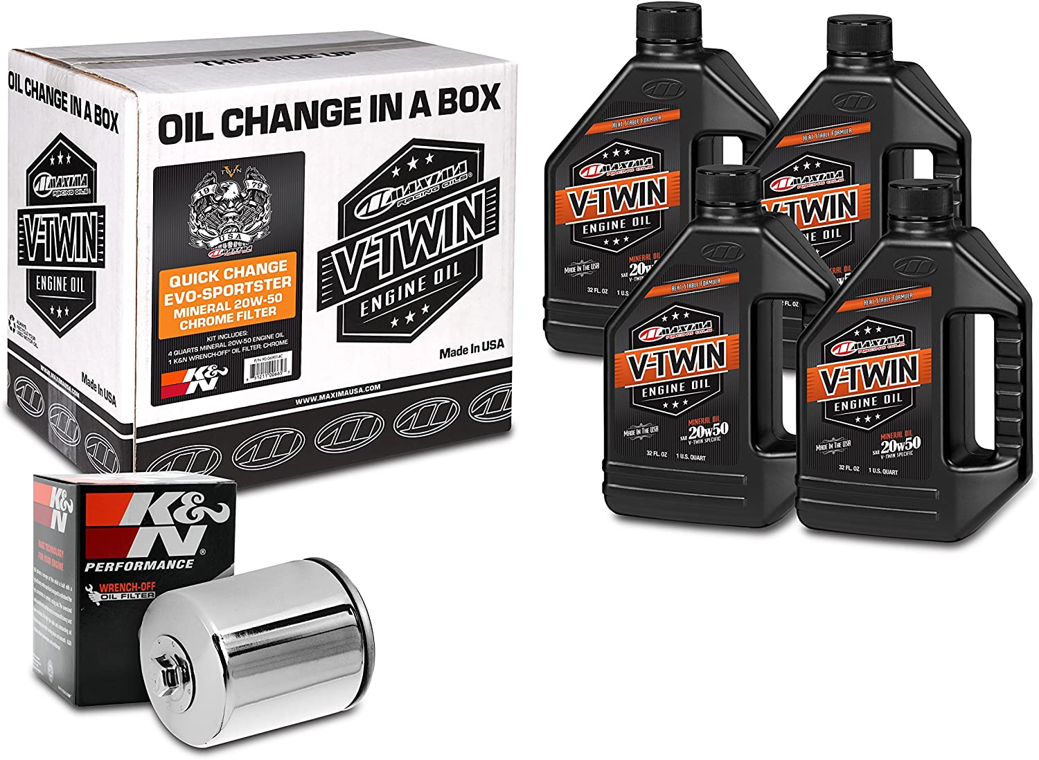 Maxima Racing Oils Chrome 90-069014C Quick Evo-Sportster Mineral 20W-50 Filter Engine Oil Change Kit, 128. Fluid_Ounces