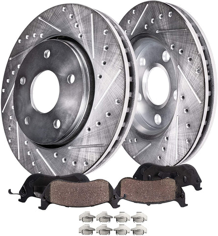 Detroit Axle - Pair (2) Front Drilled and Slotted Disc Brake Kit Rotors w/Ceramic Pads w/Hardware for 2002 2003 2004 2005 2006 2007 Jeep Liberty KJ