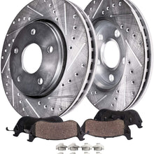 Detroit Axle - 10.20" Drilled & Slotted FRONT Brake Kit Rotors & Pads w/Clips Hardware Kit Performance GRADE for Buick Skylark Chevrolet Cavalier Corsica Olds Achieva Grand Am Sunbird Sunfire