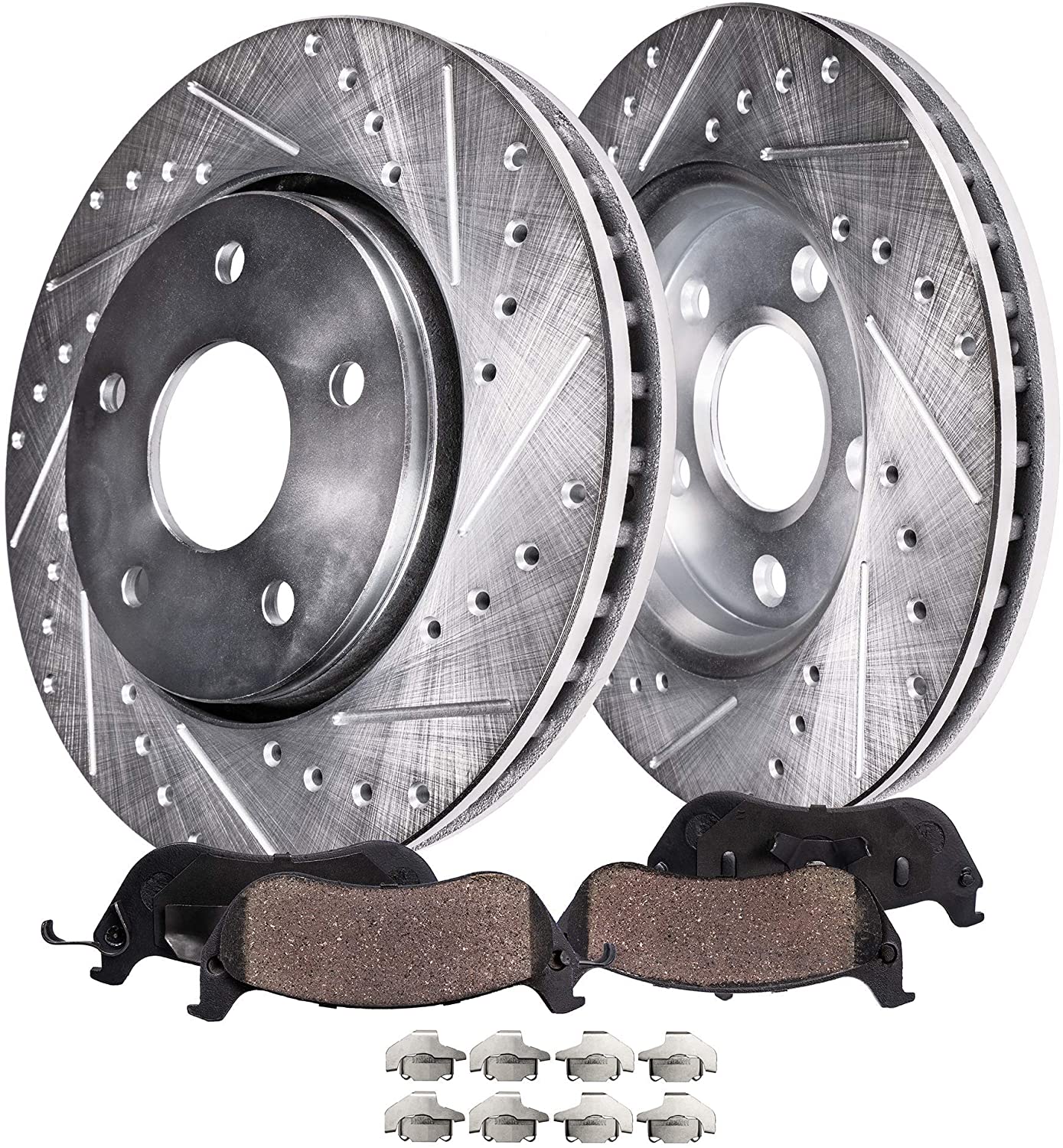 Detroit Axle - 302MM Drilled & Slotted Front Brake Kit Rotor Set & Pads w/Hardware Clip for 08-10 Town & Country - [08-10 Dodge Grand Caravan/Journey] - 09-10 VW Routan - Check Fitment Before Ordering