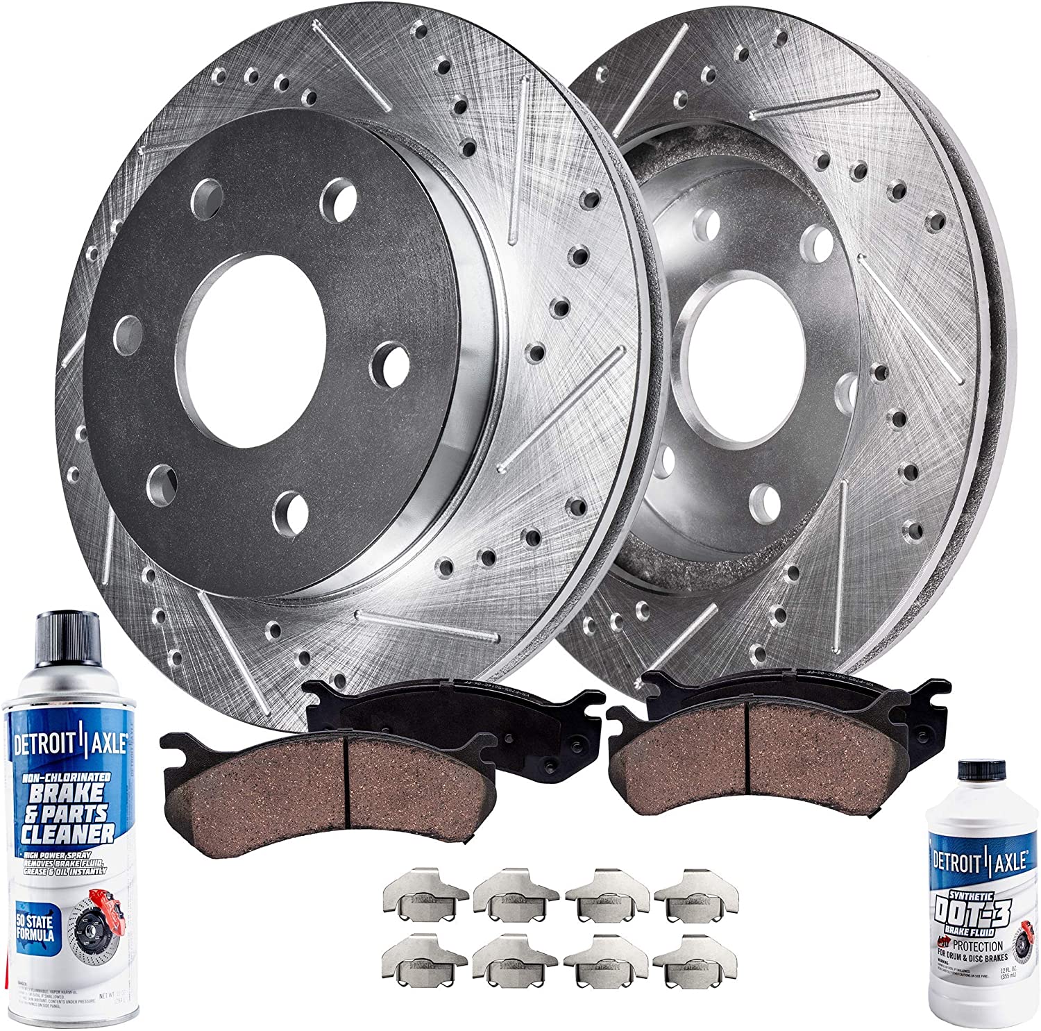 Detroit Axle - Pair (2) 6LUG Front Drilled and Slotted Brake Kit Rotors w/Ceramic Pads w/Hardware & Brake Kit Cleaner & Fluid for 4WD 4x4-2005 2006 2007 2008 Ford F-150 - [06-08 Lincoln Mark LT]