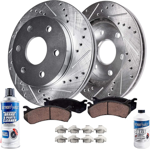 Detroit Axle - Pair (2) 6LUG Front Drilled and Slotted Brake Kit Rotors w/Ceramic Pads w/Hardware & Brake Kit Cleaner & Fluid for 4WD 4x4-2005 2006 2007 2008 Ford F-150 - [06-08 Lincoln Mark LT]