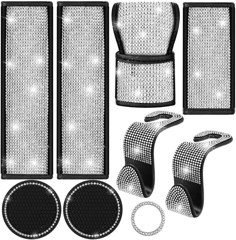 9 Pieces Bling Diamond Car Accessories Rhinestones Car Seat Belts Cover Car Backseat Hooks Silicone Rhinestone Car Coasters Auto Handbrake Cover Shift Gear Cover Bling Start Button Ring for Car Decor