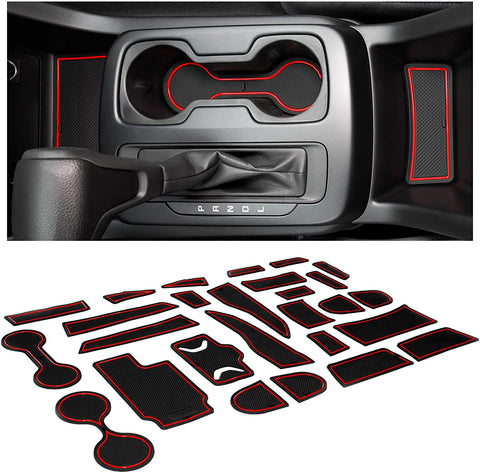 CupHolderHero for Chevy Colorado and GMC Canyon Accessories 2015-2021 Interior Non-Slip Anti Dust Cup Holder Inserts, Center Console Liner Mats, Door Pocket 26-pc Set (Crew Cab) (Red Trim)