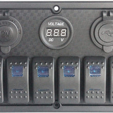 BANDC Blue Led 6 Gang Rocker Switch Panel & Power Socket/USB Charger Socket/Voltmeter