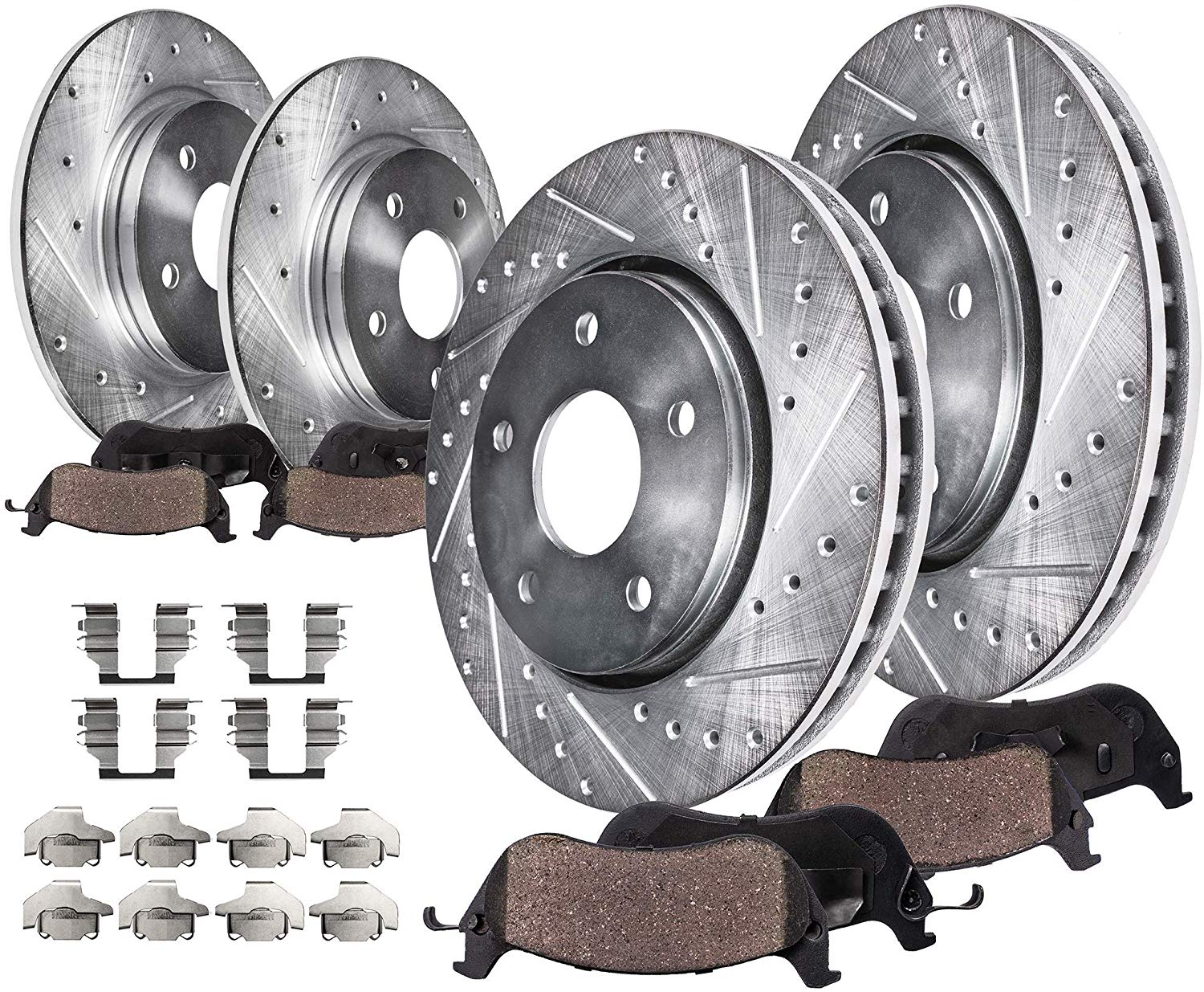 Detroit Axle - All (4) Front and Rear Drilled and Slotted Disc Brake Rotors w/Ceramic Pads w/Hardware for 2014 2015 2016 Kia Soul
