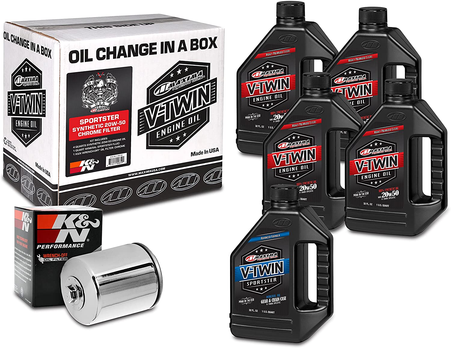 Maxima Racing Oils Chrome 90-119015C Sportster Synthetic 20W-50 Filter Complete Oil Change Kit, 160. Fluid_Ounces
