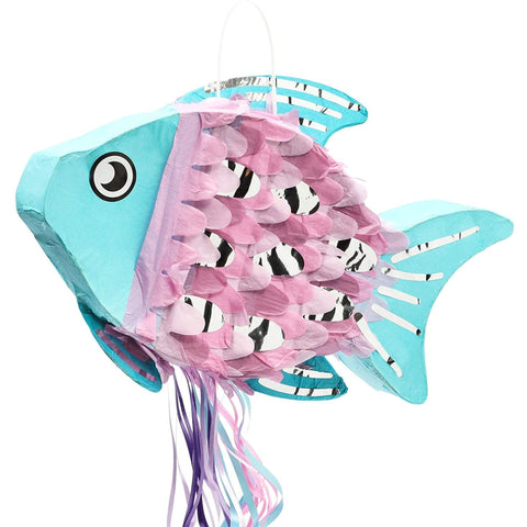 Fish Pull String Pinata in Blue & Pink for Kids Ocean Theme Birthday, Under the Sea Party Supplies and Decorations, Small 17 x 10.5 inches