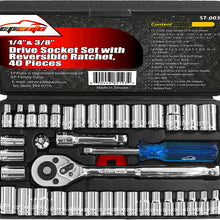 40 Pieces - EPAuto 1/4-Inch & 3/8-Inch Drive Socket Set with 72 Teeth Reversible Ratchet