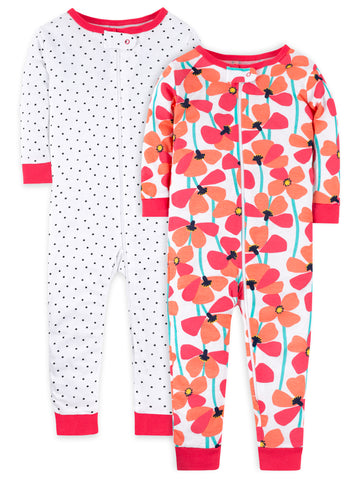 Little Star Organic Baby Toddler Girl Snug Fit Cotton Footed 1pc Pajamas, 2-pack