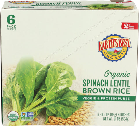 (6 Pack) Earth's Best Organic Stage 2, Spinach Lentil and Brown Rice Baby Food, 3.5 oz. Pouch