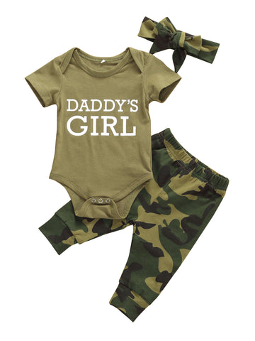 Daddy's Baby Boy Girl Outfits Camouflage Letter Print Romper Long Pants Hat Clothes Set Daddy's Girls 6-9 Months