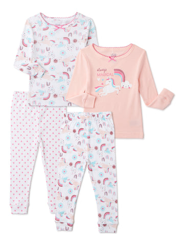 Cutie Pie Baby & Toddler Girls Long Sleeve Snug Fit Cotton Pajamas Set, 4-Piece