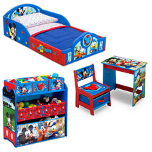 Disney Mickey Mouse 4-Piece Room-in-a-Box Bedroom Set by Delta Children - Includes Sleep & Play Toddler Bed, 6 Bin Design & Store Toy Organizer and Desk with Chair