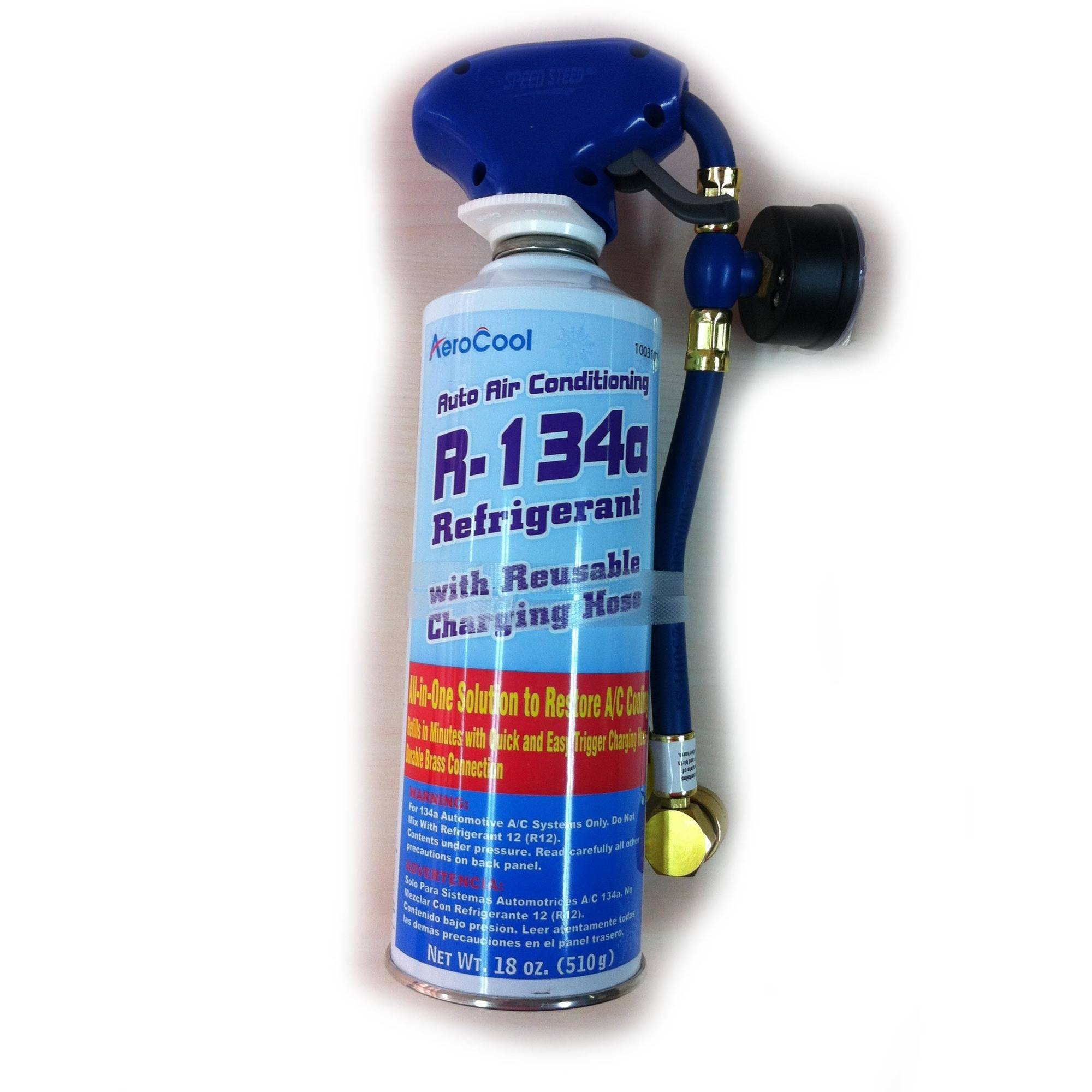 Aero Cool R-134a Auto Air Conditioning Refrigerant with Reusable Charging Hose, 18 Oz.