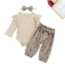 Baby Girl Solid Long-sleeve Bodysuit and Flower Print Belted Pants Set