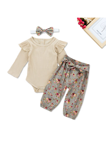 Baby Girl Solid Long-sleeve Bodysuit and Flower Print Belted Pants Set