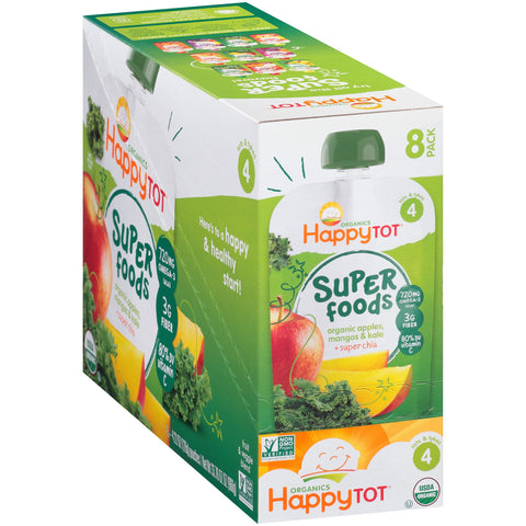 (8 Pouches) Happy Tot Organics Super Foods Apples, Mangos & Kale + Super Chia, 4.22 oz.