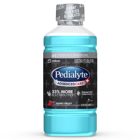 Pedialyte AdvancedCare Plus Electrolyte Drink, 1 Liter, 4 Count, with 33% More Electrolytes and has PreActiv Prebiotics, Berry Frost