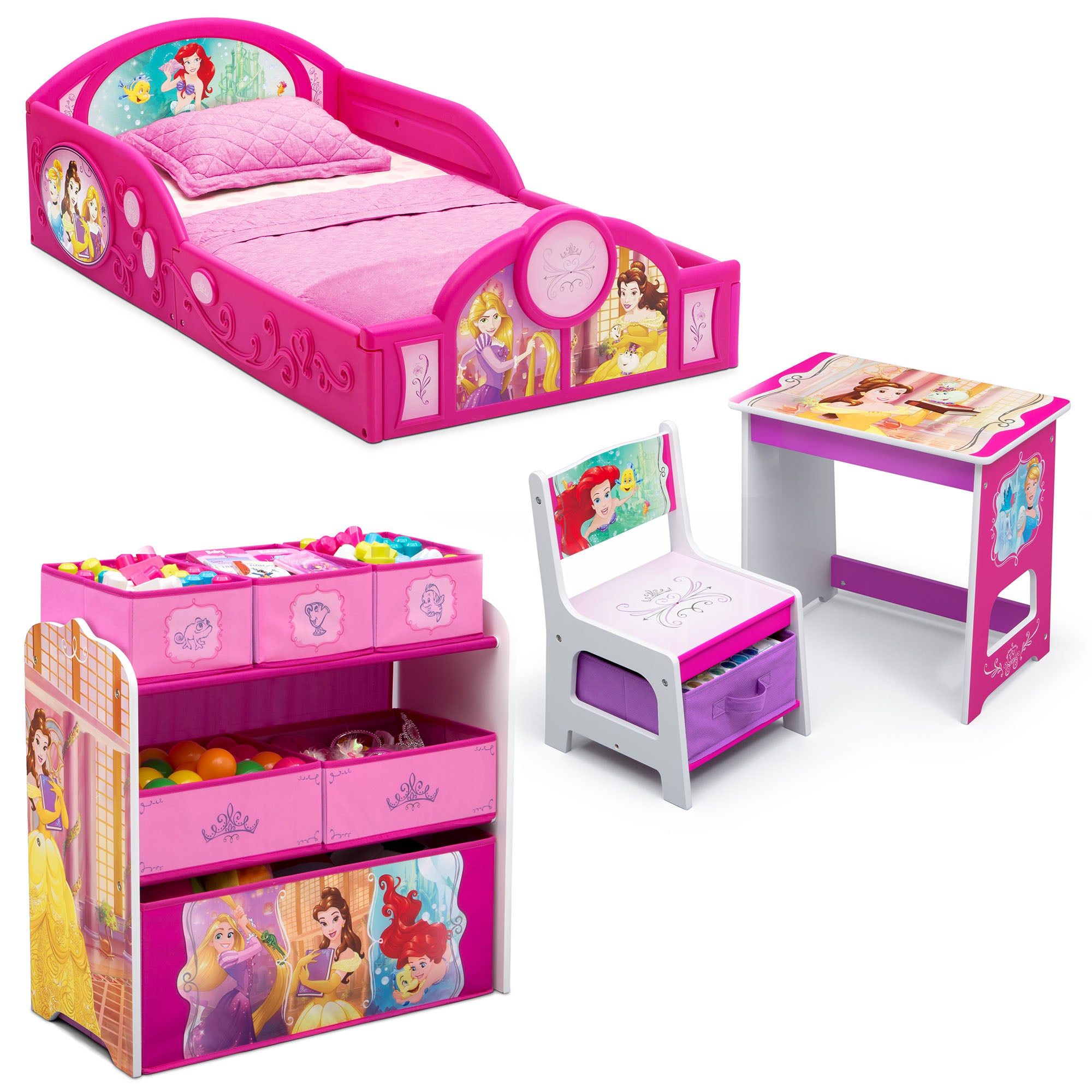 Disney Princess 4-Piece Room-in-a-Box Bedroom Set by Delta Children - Includes Sleep & Play Toddler Bed, 6 Bin Design & Store Toy Organizer and Desk with Chair