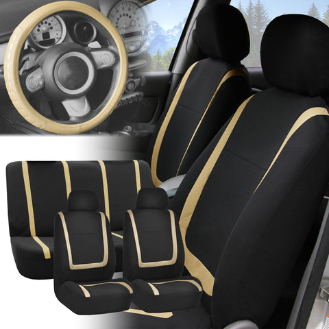 Car Seat Covers for Auto Beige Black Full Set w. Beige Leather Steering Cover