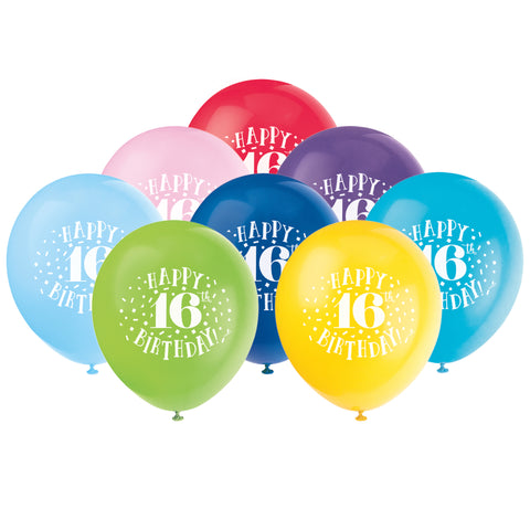Latex Fun Happy 16th Birthday Balloons, Assorted, 12 in, 8ct