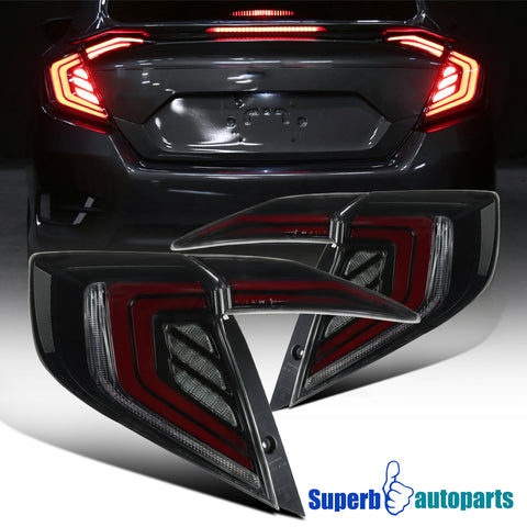 For 2016-2020 Civic Glossy Black Smoke Tail Lights w/ LED Sequential Turn Signal