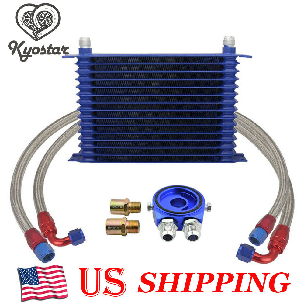 Blue 15-Row 10AN Universal Engine Transmission Oil Cooler + Filter Adapter Kit