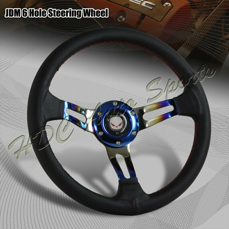 350MM Titanium Blue Red Stitched Black Leather 3-Spoke Racing Steering Wheel