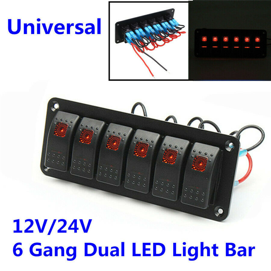 12V/24V Red LED 6 Gang Rocker Switch PanelWaterproof for Car Truck Marine Boat