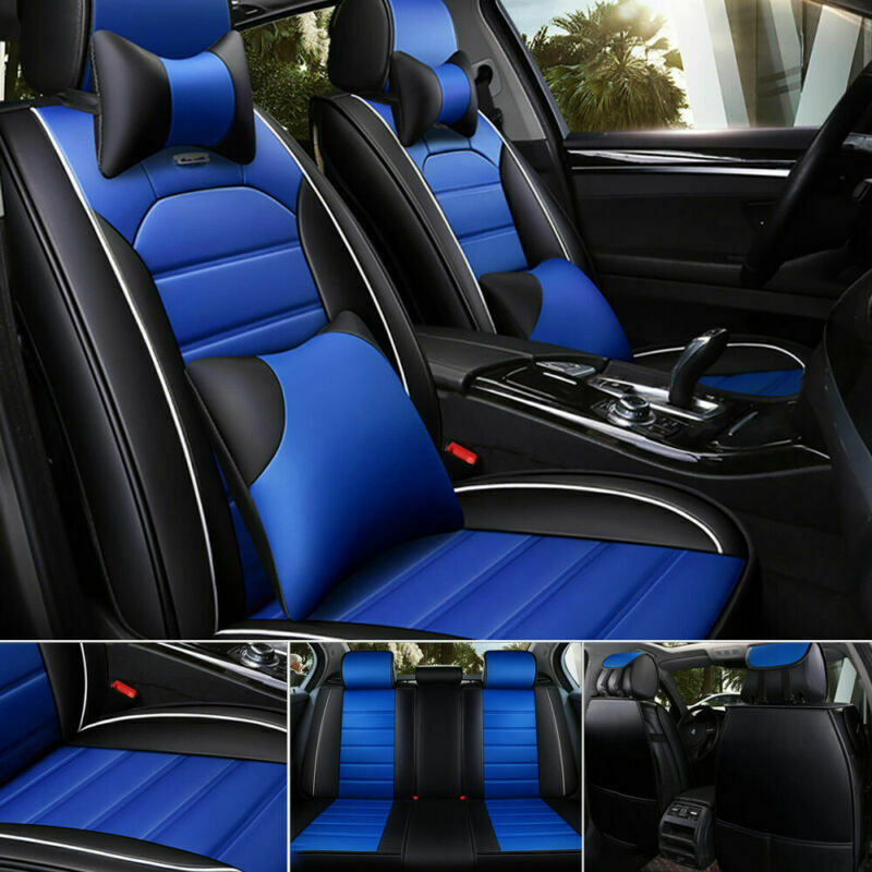 US 5D Car Sit Cover PU Leather Front Rear 5-Seats Cushion Universal Blue & Black