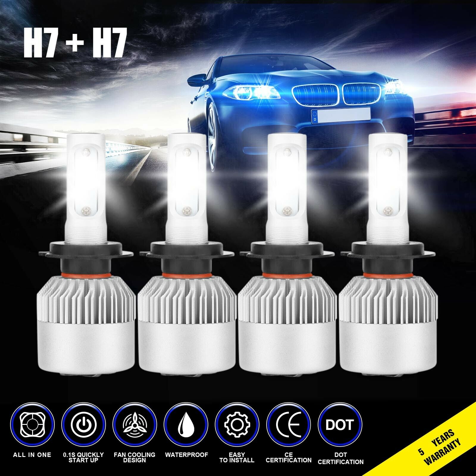 4x H7 H7 3830W 574500LM Combo LED Headlight High Low Beam Bulbs 6000K White