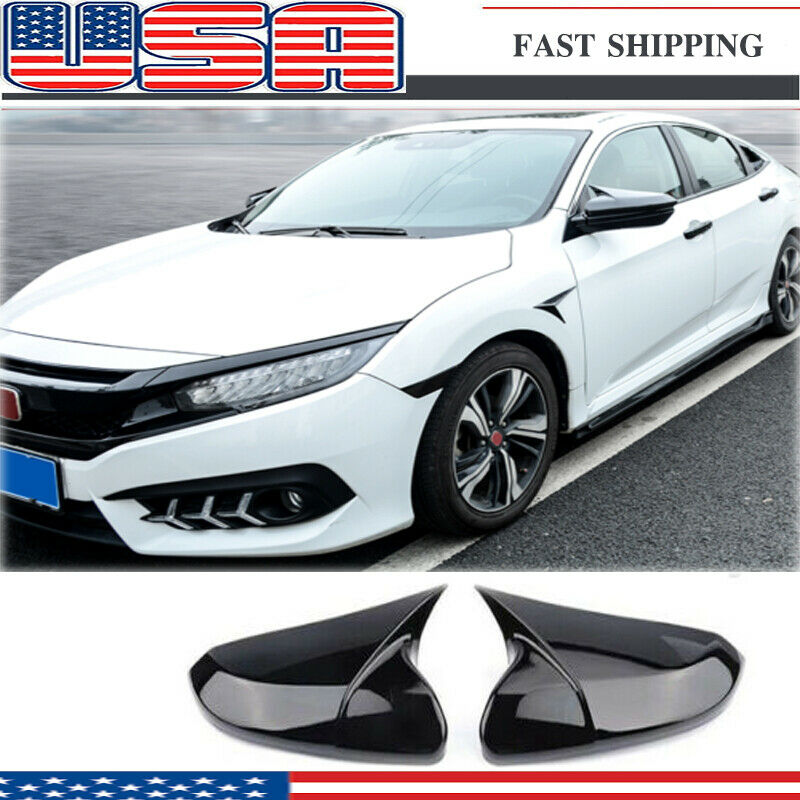 Gloss Black Rear View Side Mirror Cover Trim For Honda Civic 16-20 Ox Horn Style