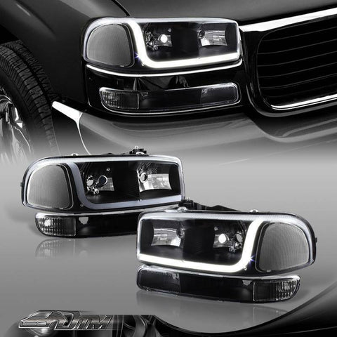 1999-2006 GMC Sierra 1500 2500 DRL LED Black Headlights +Bumper+Clear Reflector