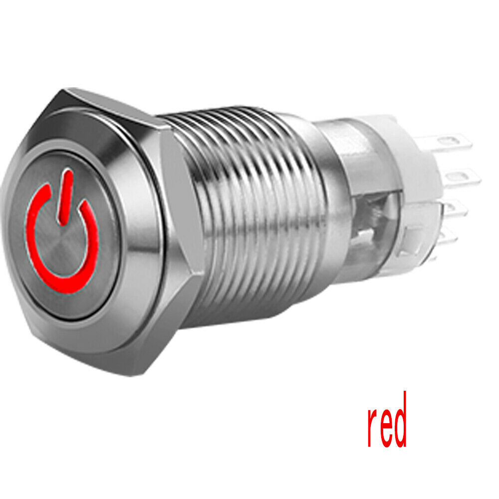 Red Waterproof Stainless Steel Car LED 12V 16mm Power Button Switch Push ON/OFF