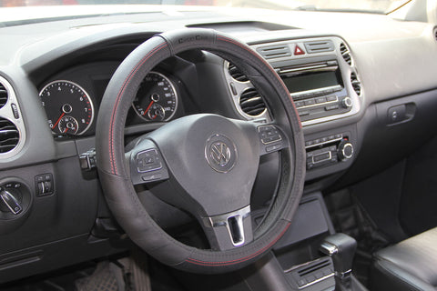 Black & Red Stitch Slip-On Steering Wheel Cover Sport PVC Leather Trendy Small