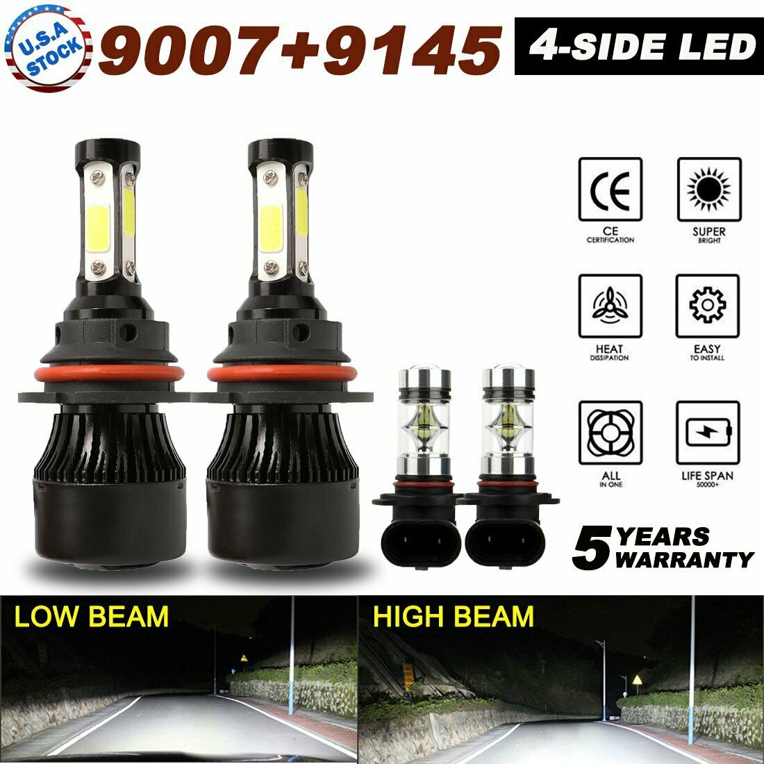 LED Headlight Bulbs 9007 + Fog Light 9145 for Ford F-250 Super Duty 2002-2004
