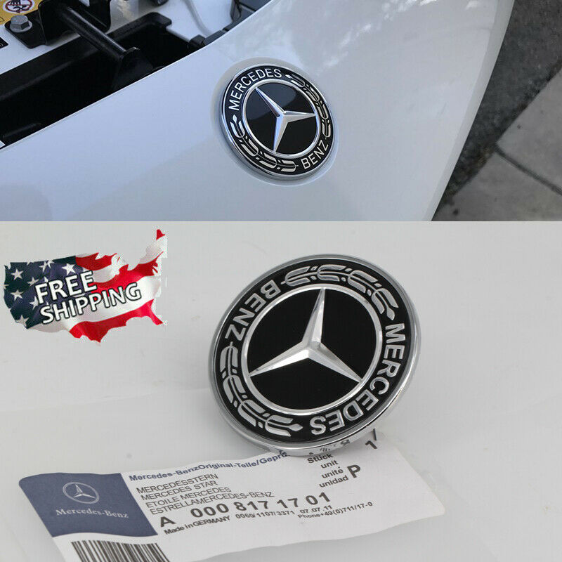 Mercedes-Benz Black Hood Emblem Laurel Wreath Flat Logo CLA SLK CLS SL CLS S