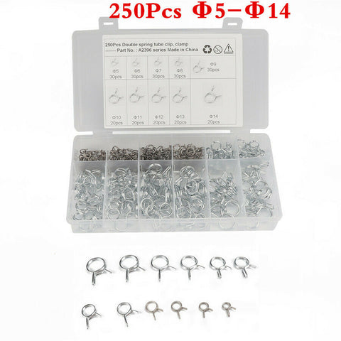 250Pcs Φ5-Φ14 Car Double Wire Fuel Line Hose Tube Spring Clamp Assortment Kits