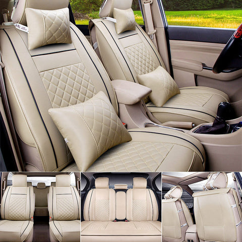 PU Leather Car Seat Cover Front & Rear Cushion Full Set Pillow Universal 5 Seats
