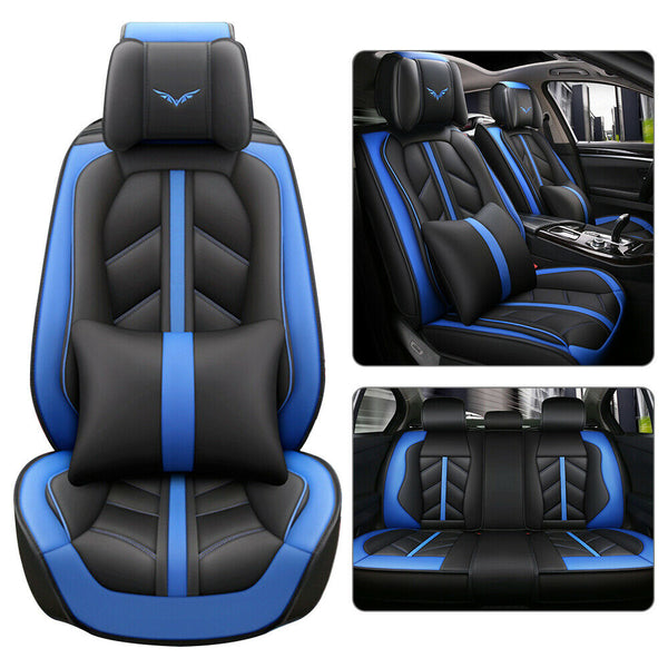 Black+Blue PU Leather Car Seat Covers Full Set Front Rear Cushions Mat Protector