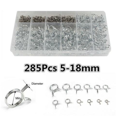 285Pcs 5mm-18mm Double Wire Spring Clips Car Fuel Line Oil Hose Tube Clamp Kit