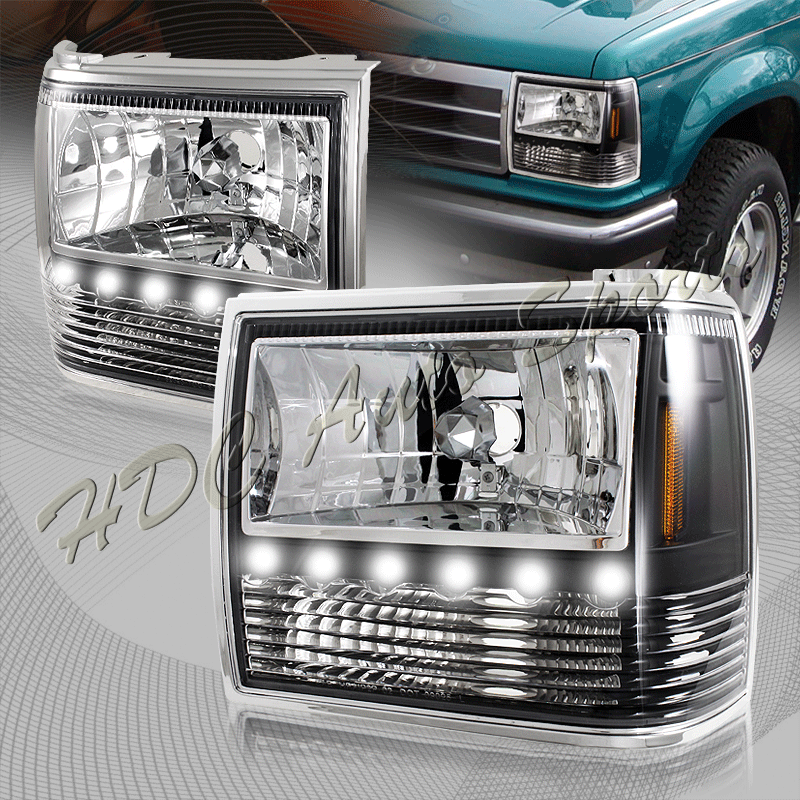 For 1989-1992 Ford Ranger Black Housing 1-Piece LED HeadLights+Bumper+Corner